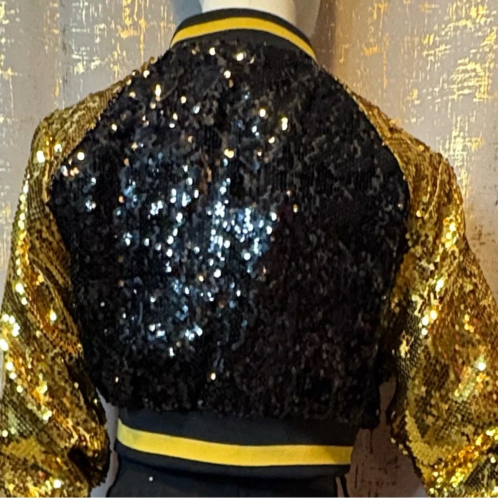 Sequin Bomber Jacket in Black and Gold - Picture 3 of 6
